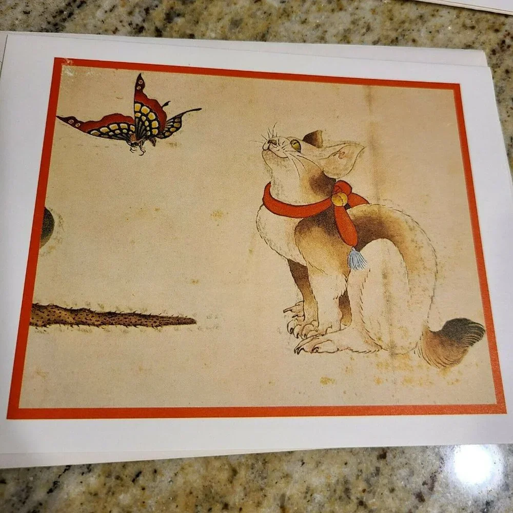 Katsushika Hokusai Cat and Butterfly Set of 4 Blank Greeting Cards w/ Envelopes